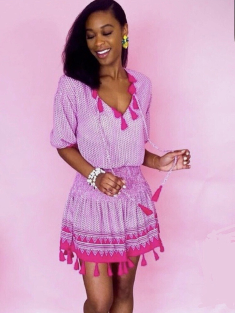 Pink Tassel Tie V-Neck Mini Dress Swim Coverups size medium